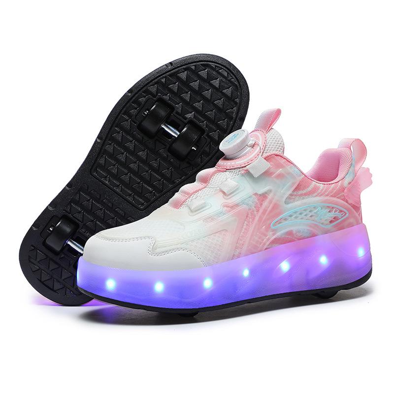 Overseas runaway shoes, children's wheel shoes LED ultra-light luminous charging boys and girls light shoes sports flying woven shoes