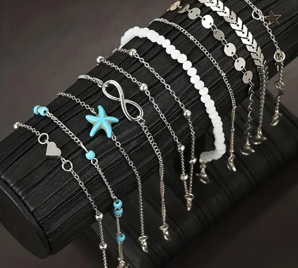 Charm During Summer Bohemian Style Vacation Outings Starfish Pearl Set Of Multiple Golden Anklets For Girls To Wear fashion