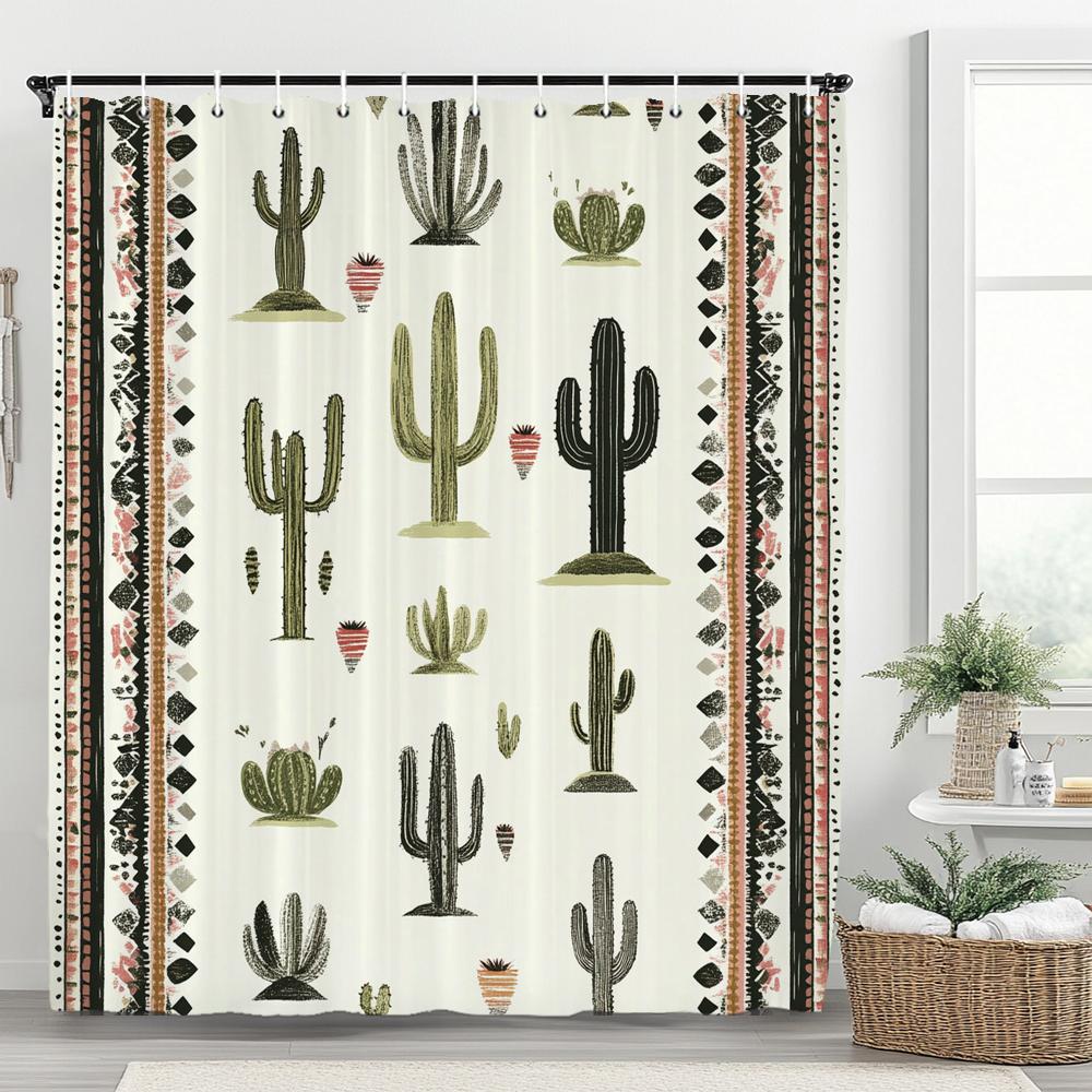 1pc Tropical Plant Cactus Shower Curtain, Bohemian style Bathroom Decorative Curtain, Printed Polyester Home Curtain with Hooks
