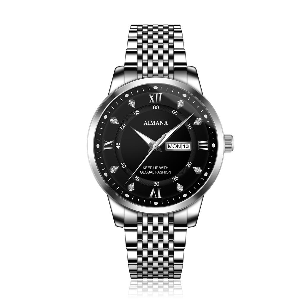 Business Men Watch Quartz Movement Dual Calendar Week Date Steel Band Roman Numerals Diamond Scale Male Wrist Clock