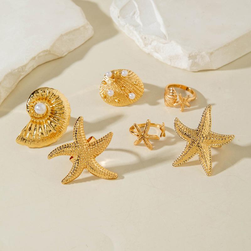Accessories, Holiday Style Starfish Pearl Ring Set Open Scallop Metal Ring Ring Women