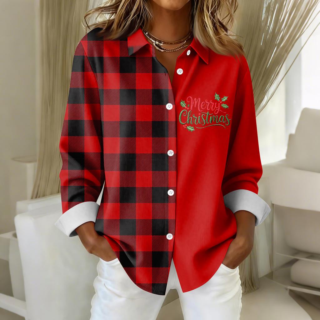 Women's Shirt Blouse Christmas Print Button Long Sleeve Casual Basic Shirt Collar Regular Top