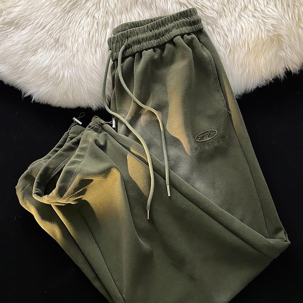 New Women's Green Sweatpants - Thick, Retro Hip-Hop Style, High-Street, Straight-Leg, for Autumn/Winter Casual Wear