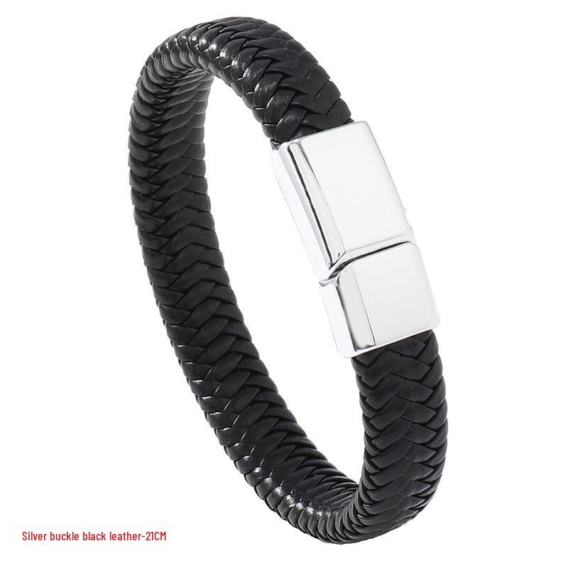 Elegant Men s Leather Bracelet with Magnetic Buckle - European & American Style, Simple Woven Design, PU Leather Rope, Perfect for Students.