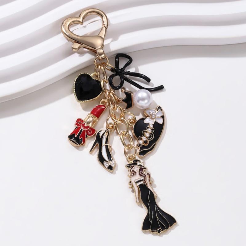 Elegant Woman Hat Bow High Heels Enamel Keychain Heart Lipstick Key Ring For Girls Good Gift Decoration Handmade Jewelry