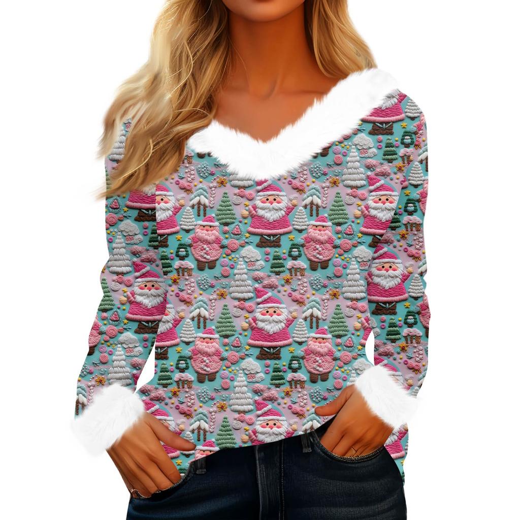 Women's Fashionable Casual V-Neck Christmas Print Long-Sleeved Top