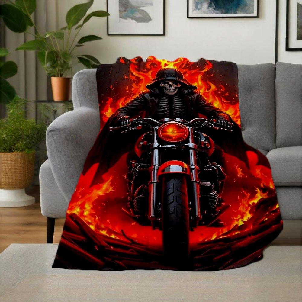 "Skull Biker with Fiery Background Wall Art Print"Blanket Flannel Throw Blanket for Sofa, Bed, Travel, Camping, Office, Couch, Chair, And Be