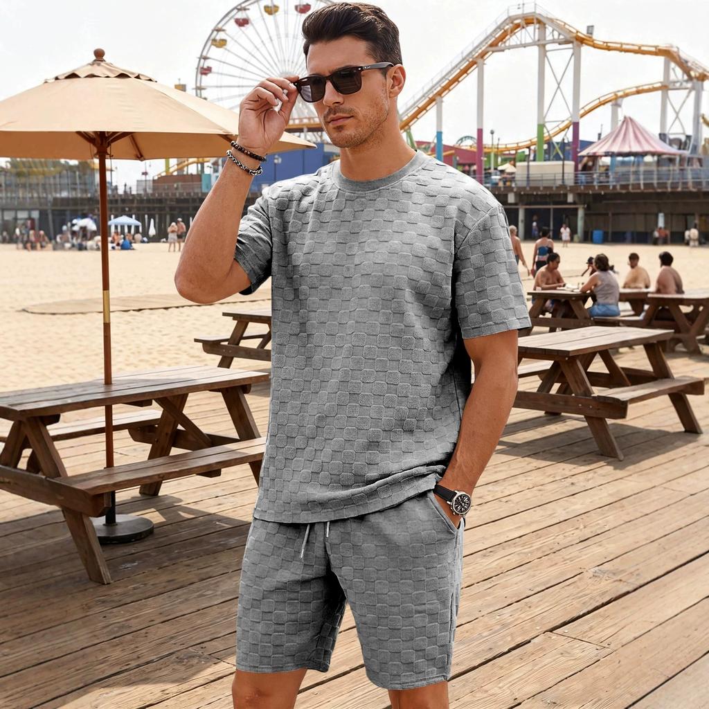 Men Waffle Grid Textured 2 Piece Outfits, Crew Neck Short Sleeve T‑Shirt Drawstring Elastic Waist Shorts Casual Summer Track Suit Set Multiple Colors