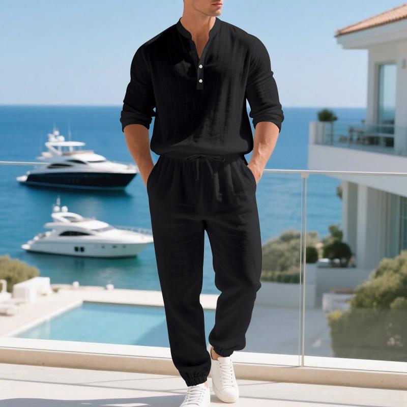 Men's Linen Henley Shirt and Pants Set Relaxed Fit Long Sleeve Holiday Lounge Two Piece Outfit