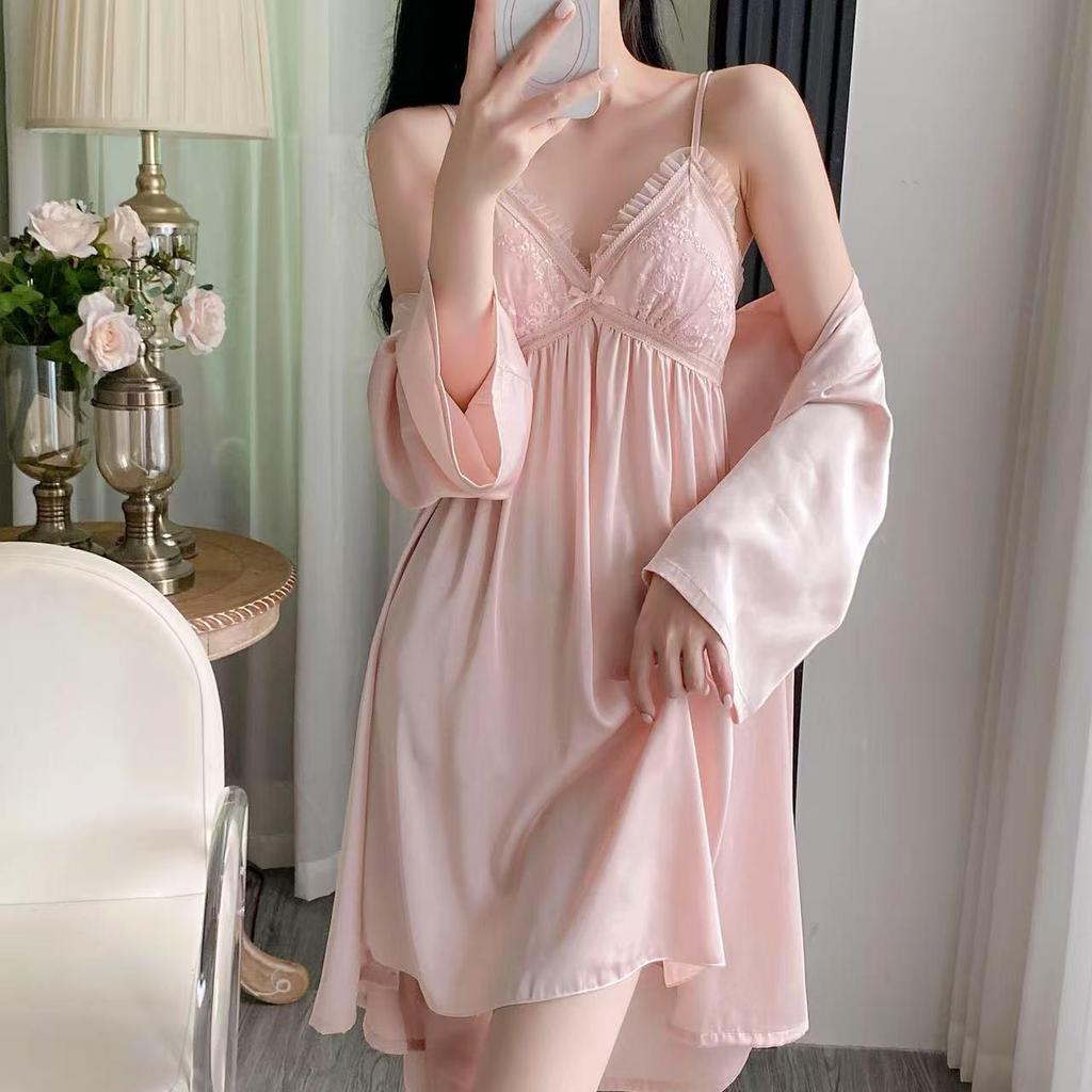 Set de cămașă de noapte cu mânecă lungă din mătase de gheață pentru femei și halat din dantelă cu cupe pentru bust - Îmbrăcăminte de noapte casual de înaltă calitate 2025.