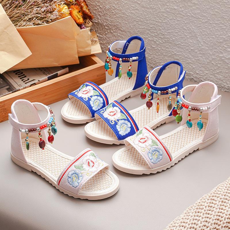 New Girls' Sandals Summer New Versatile Ethnic Style Princess Shoes, Big Children's Tassel Soft Sole Student Roman Shoes Flat