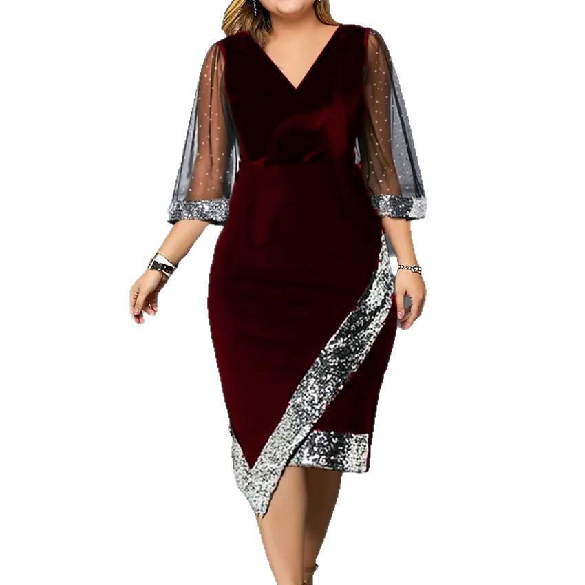 2025 European and American cross-border new wish independent station golden velvet sequined perspective mesh women's dress