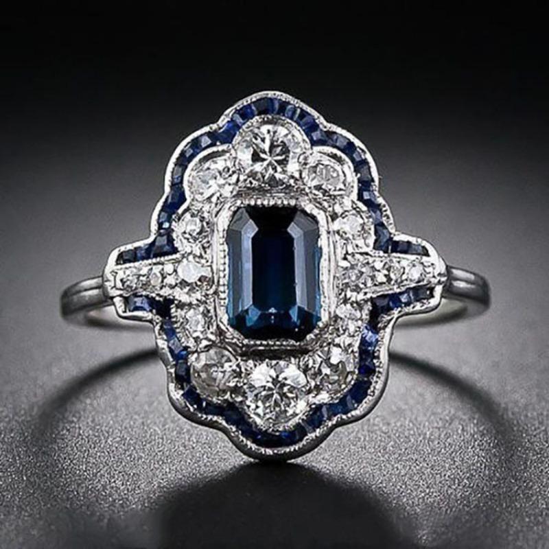 Exquisite Blue Rings Women Anniversary Evening Party Dazzling Zircon Silver Color Elegant Lady's Luxury Jewelry Gifts