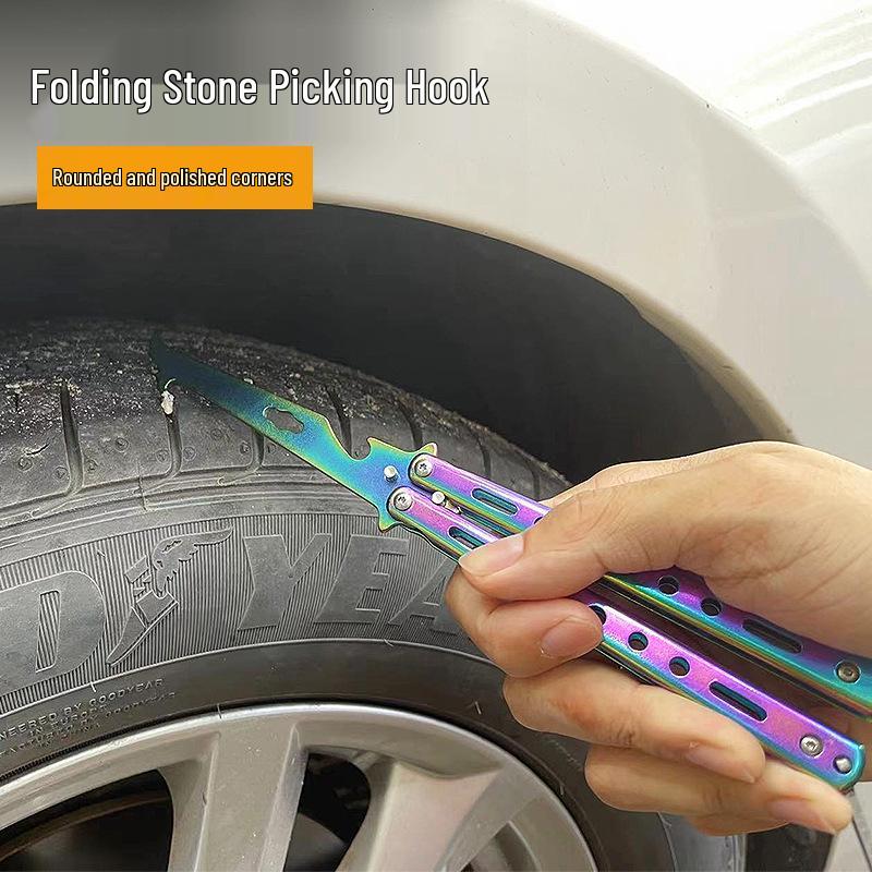 Unsharpened Stainless Steel Folding Knife with Multi-Tool Stone Hook for Tire Cleaning and Digging