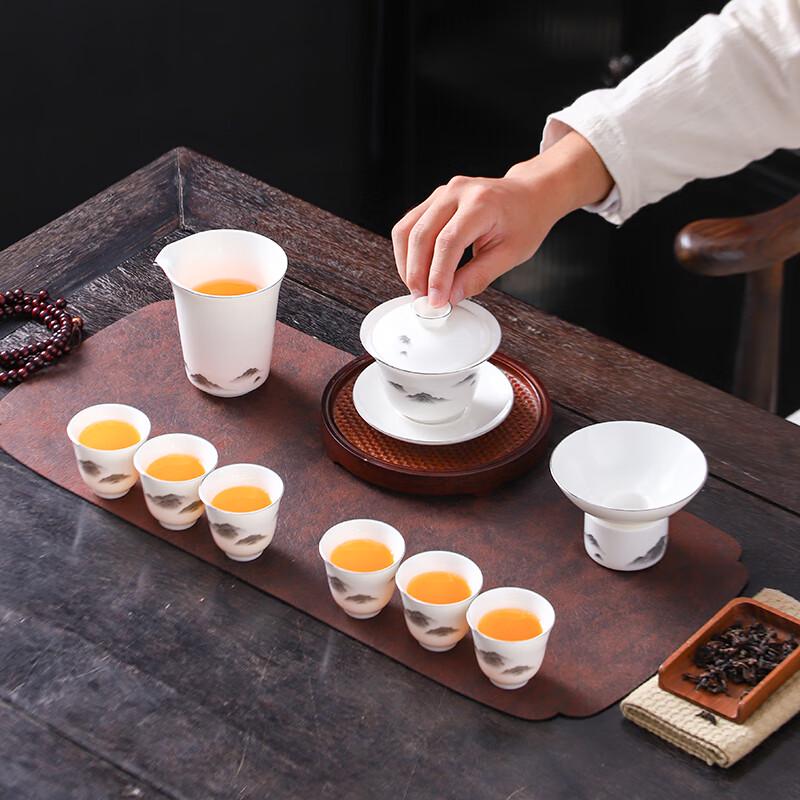 Muyi Mutton Fat Jade Style Ceramic Tea Set with Landscape Ink Design