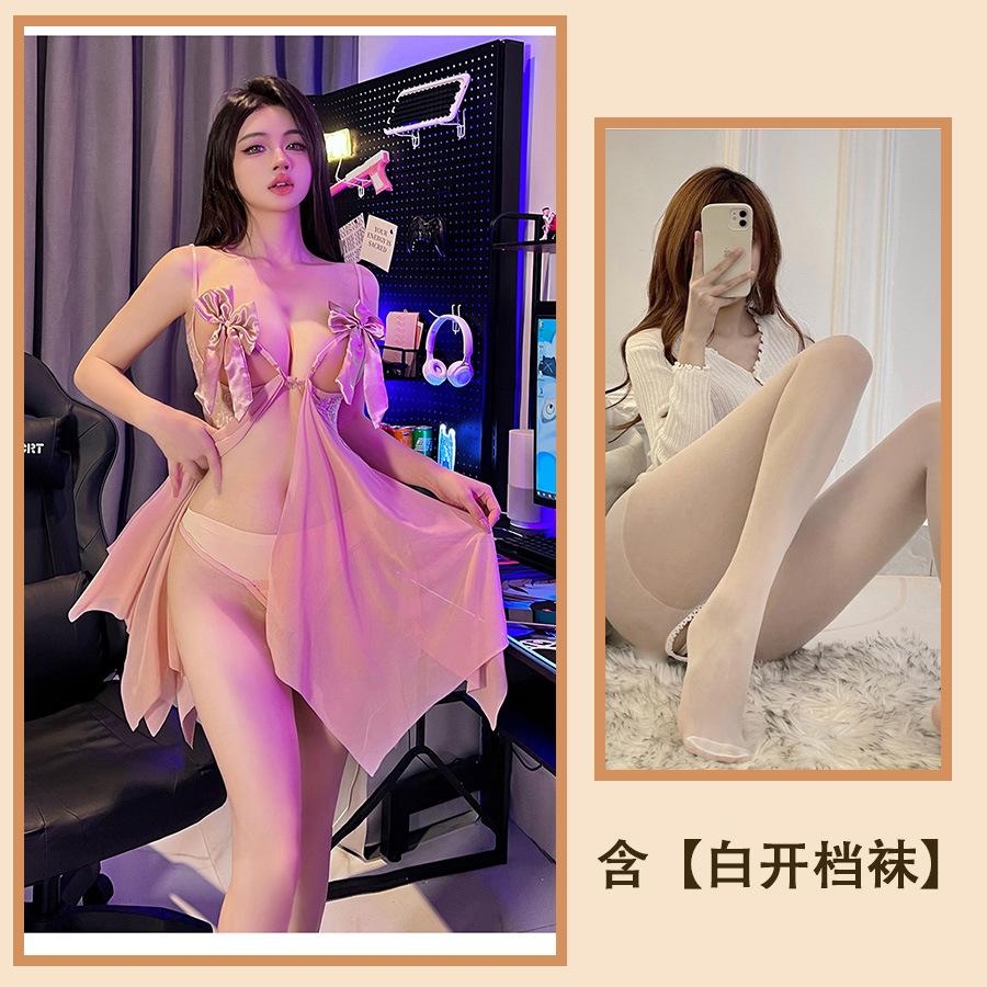 Sexy Underwear, Hot Suspenders, Sexy Hollowed-out Perspective Bow, Split-ended Backless, Passionate Mesh Nightdress Women