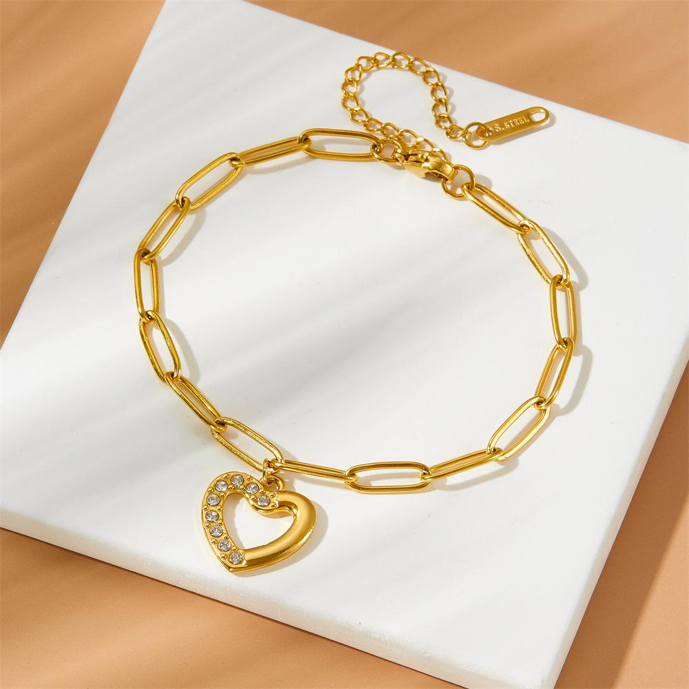 Stainless Steel Thick Bracelets Simple Dinky Hollow Heart Diamond Bracelet Trendy Versatile Unique High End Jewelry for Women