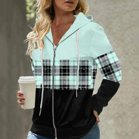 Autumn Women Hoodies Fashion Plaid Pattern Zipper Placket Cardigan Jacket Regular Fit