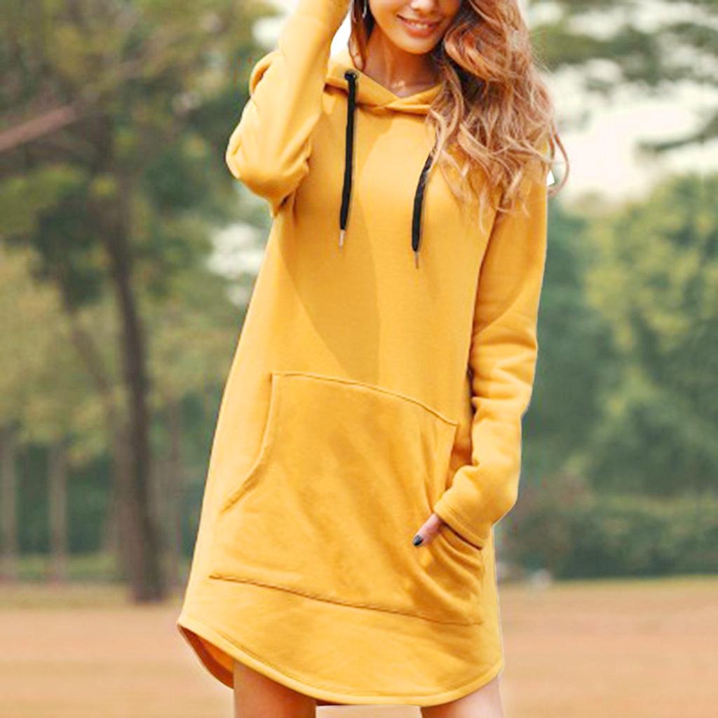 Women Long Length Loose Casual Solid Drawstring Hoodie Pullover With Big Pocket