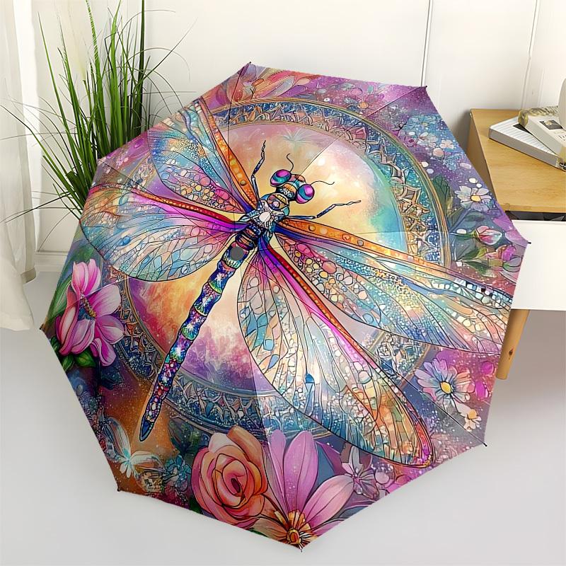 1pc Dragonfly Mandala Artwork Umbrella with Plastic Handle,Vibrant Cartoon Pattern,Multi-functional UmbrellaB2030