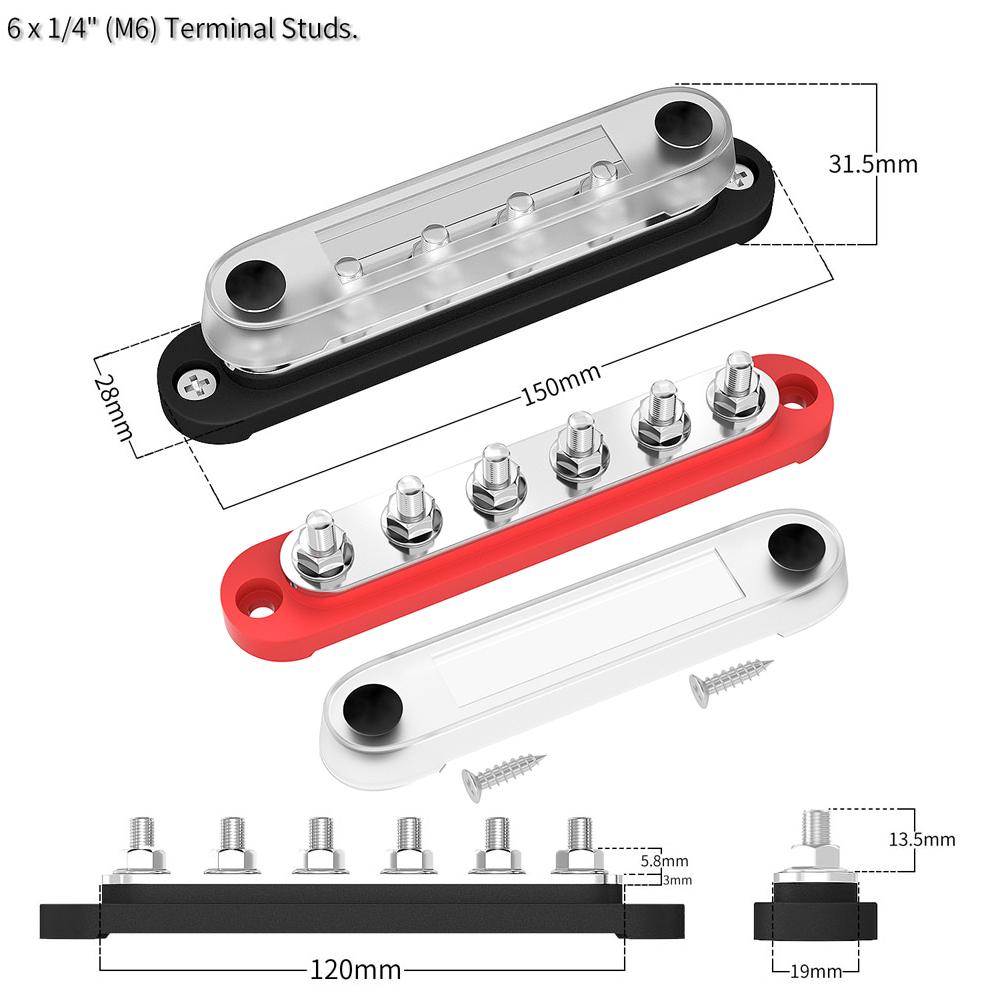DaierTek Car Terminal Block Negative Bus Bar 12V 150A Terminal Block 12V Power Distribution Block M8 Termianl Bus for Automotive