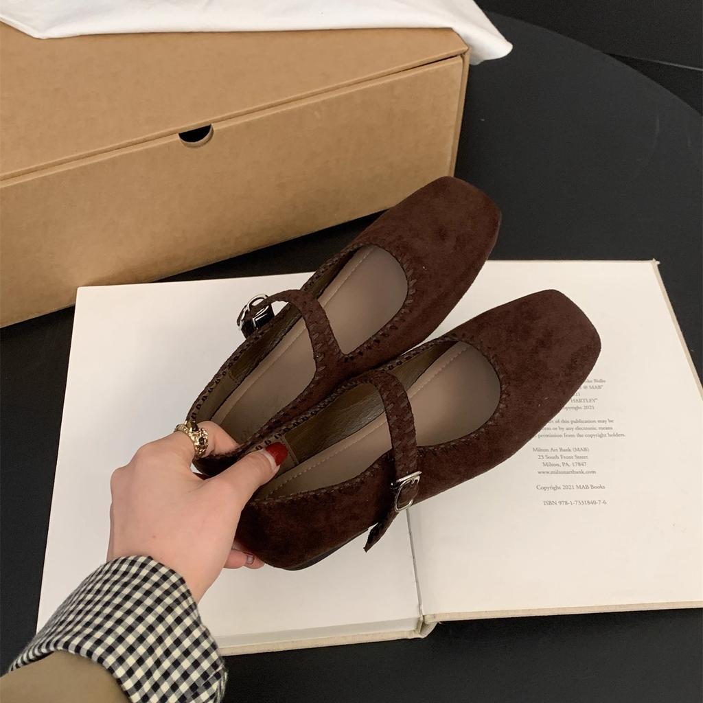 French Suede Ballet Flats Women's 2025 Spring and Autumn New Retro Square Head Casual Flat Mary Jane Single Shoes
