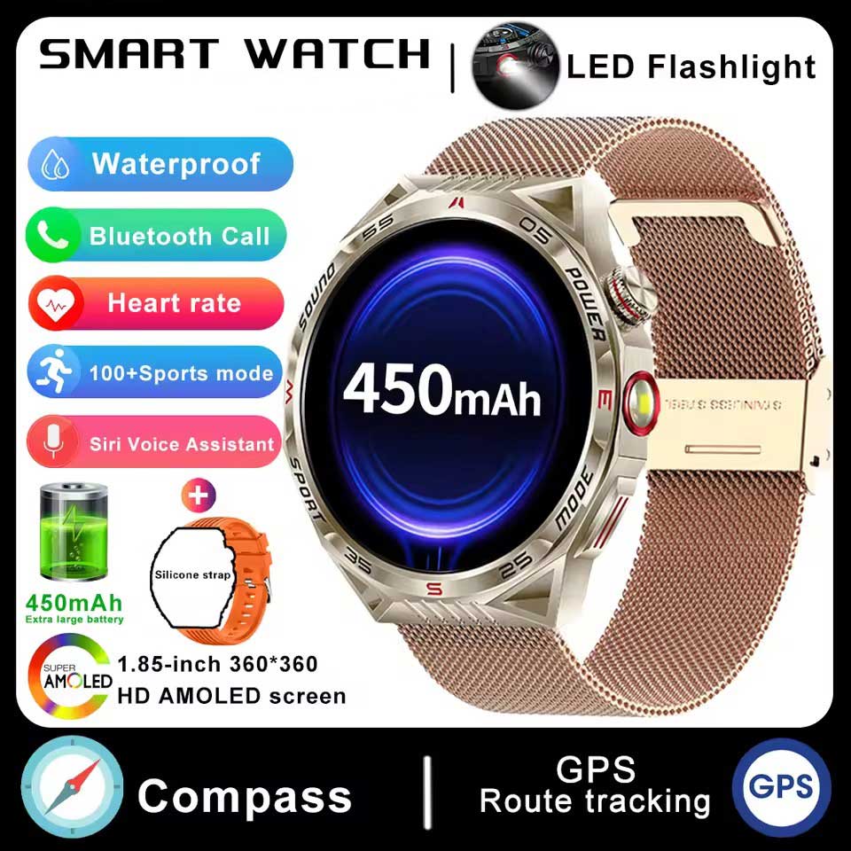 Outdoor Sport Compass Smartwatch Men Flashlight Laser Light 450mAh Battery GPS Sport Track Waterproof Bluetooth Call Smart Watch