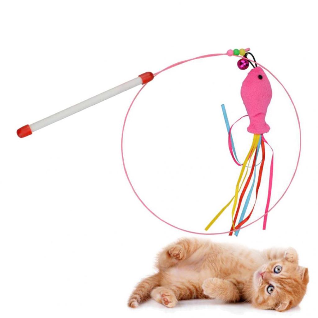 Funny Pet Cat Teaser Steel Wire Plush Fish Bell Wand Kitten Interactive Toy