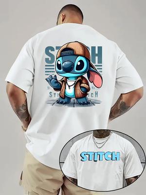 Disney Herren T-Shirt, Disney Vorne und Hinten Bedruckt Trendiger Stitch Stil Themenreihe Herren Freizeit Reines Baumwolle Sommer T-Shirt