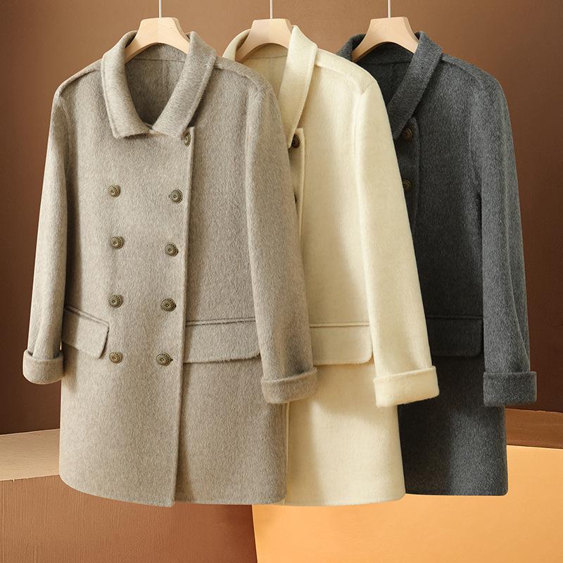 Elegant Double-Breasted Mid-Length Women's Wool Coat in Solid Color - Autumn/Winter Small Fragrance Style