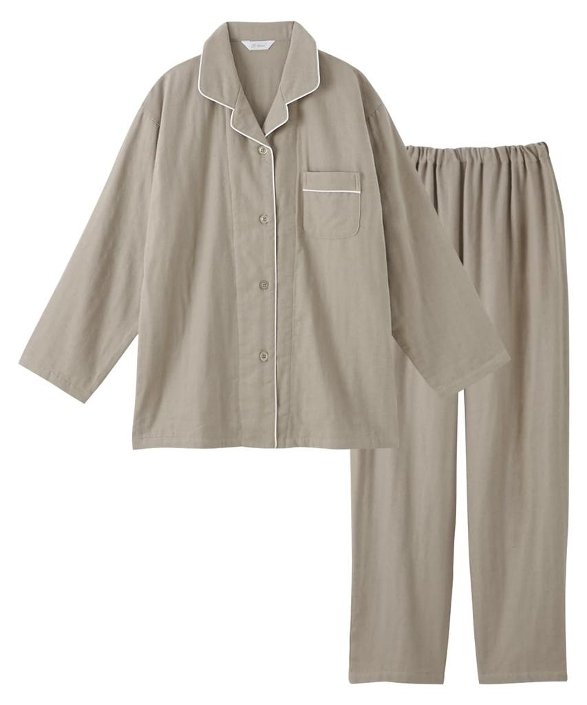 Nissen Pajama and Loungewear Cotton Gauze Pajamas with Collar and Front Size LL Set, Triple-Layer 100% Opening, Greige,