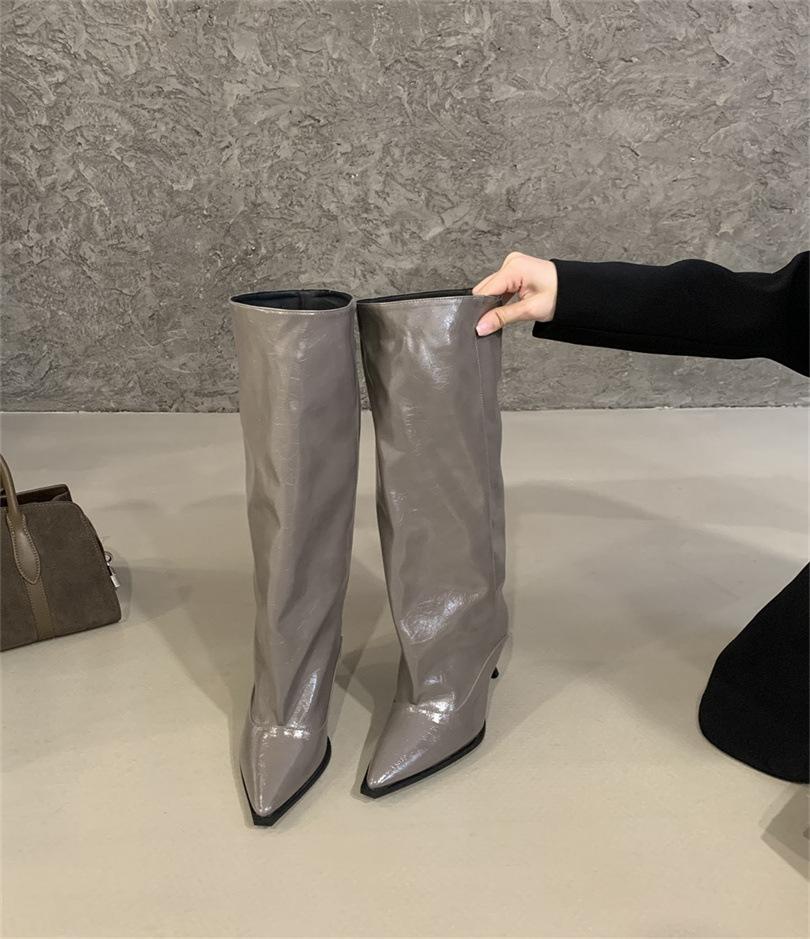 Grey patent leather pointed-tipped pleated boots female hottie style fine heel high tube but knee high heel knight boots