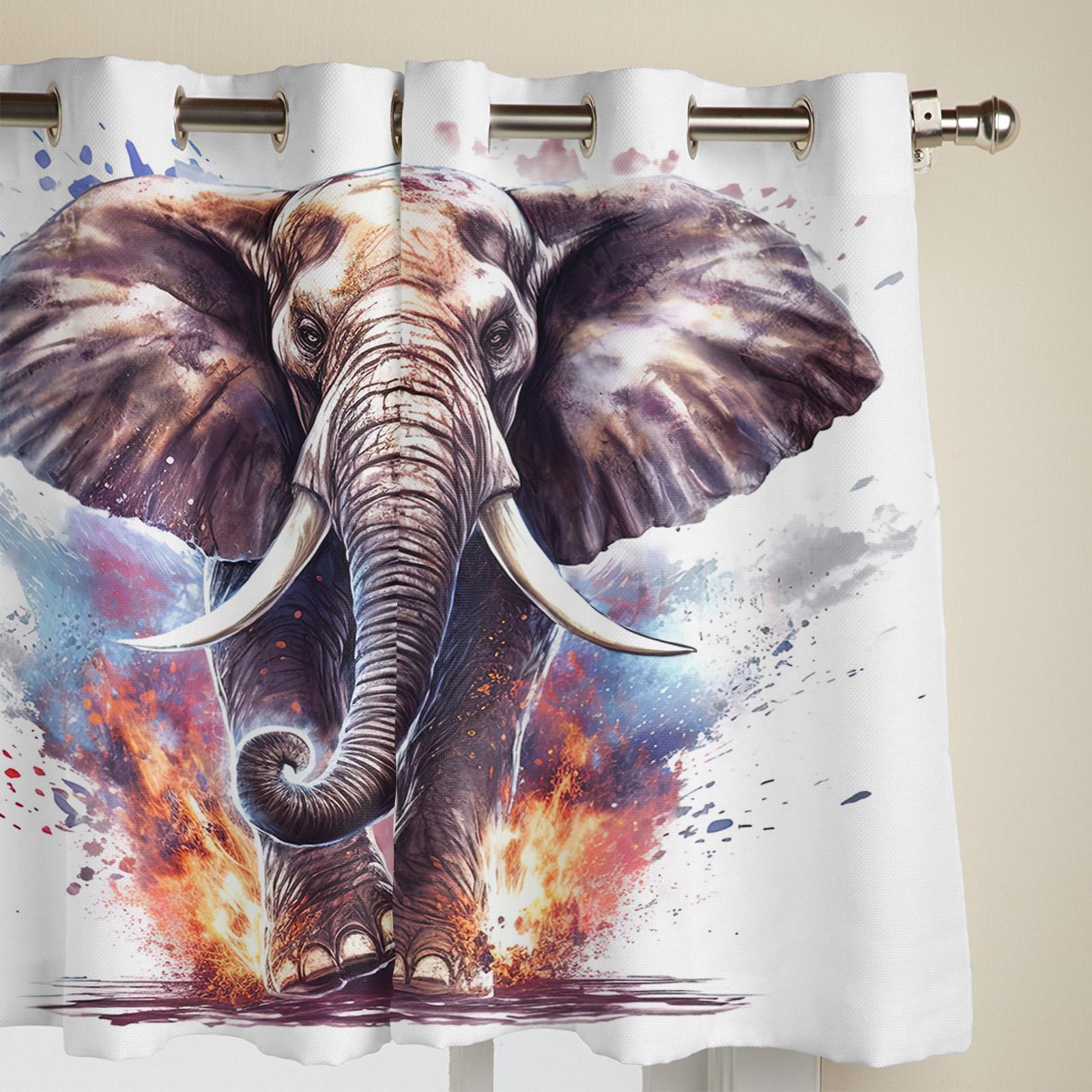 Акварельные шторы с изображением слона и животного для спальни — фото 4