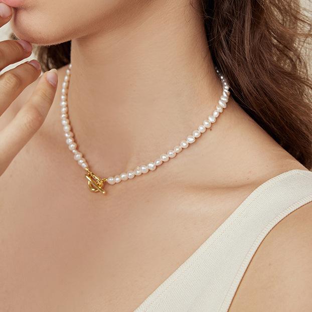 Wholesale Baroque Freshwater Pearl Necklace OT Buckle Basic Delicate Necklace French