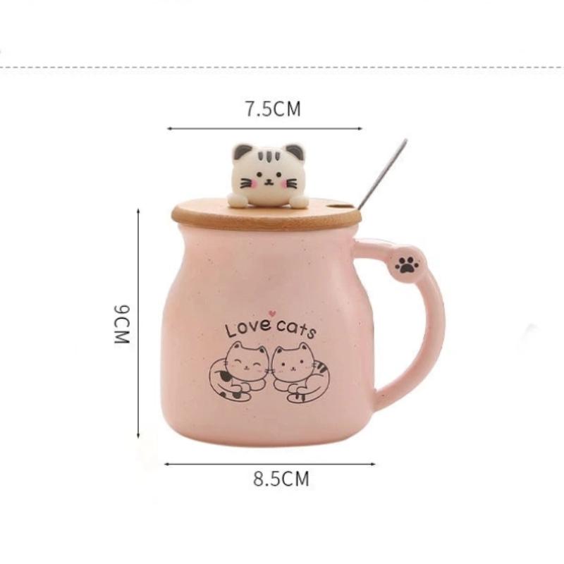 Cute Cartoon Cat Ceramic Mug with Lid and Spoon – Breakfast Coffee Cup