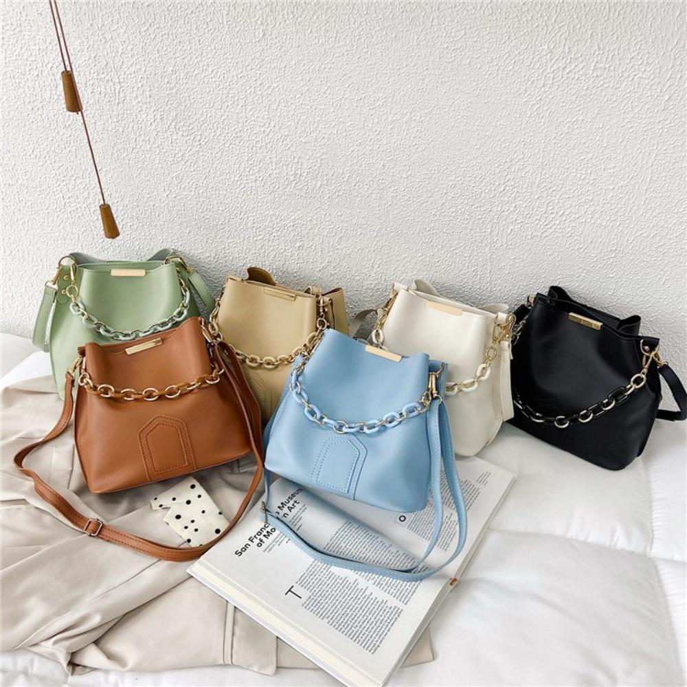 

Single Shoulder PU Leather Handbag Soild Color Chain Crossbody Bag Women Bucket Bag Ladies/Girls хакі