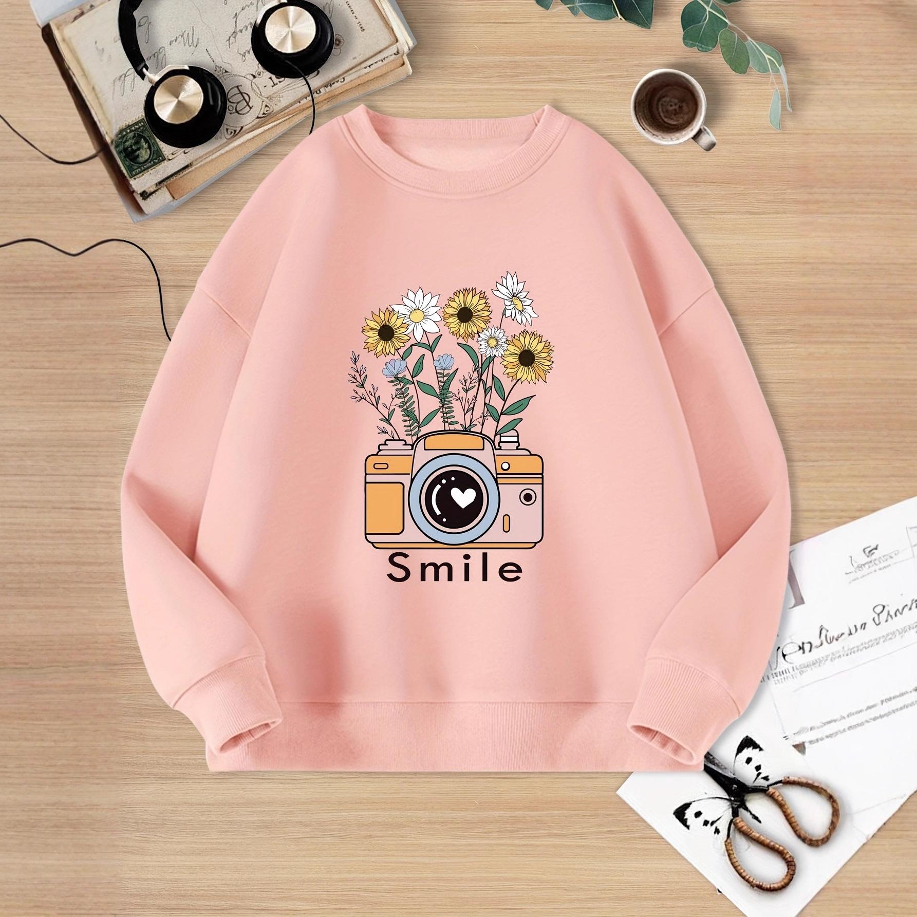 Girls  Fashionable Camera and Flower-patterned Hoodie for Children, Winter and Autumn Casual Hoodie for Kids 7-8Y розовый