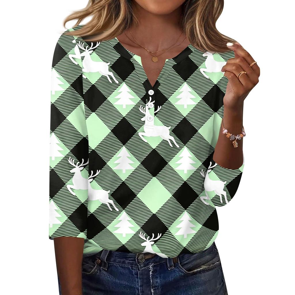 Women's Christmas Print V-Neck Three-Quarter Sleeve T-Shirt with Button Casual Holiday Top