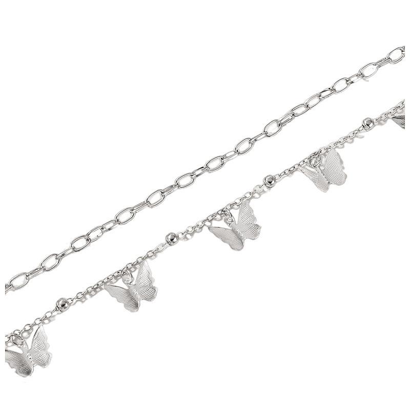 Personalized and Creative Cross Chain Copper Bead Foot Decoration for Women, Double-layer Metal Butterfly Pendant Anklet