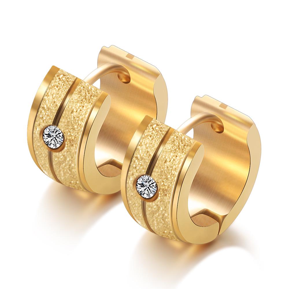 European-American 18K Gold Titanium Steel Frosted Diamond Inlaid Hollow Round Earrings - 7MM Student Ear Cuffs