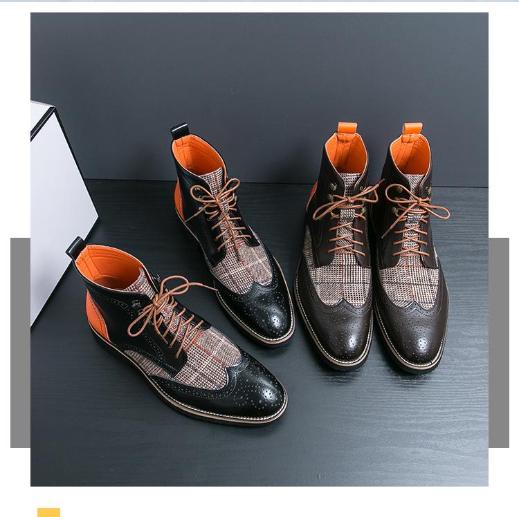 British Men's Mid-High Leather Brogue Boots: Fashionable Retro Business-Casual, Pointed Toe, Height-Increasing.