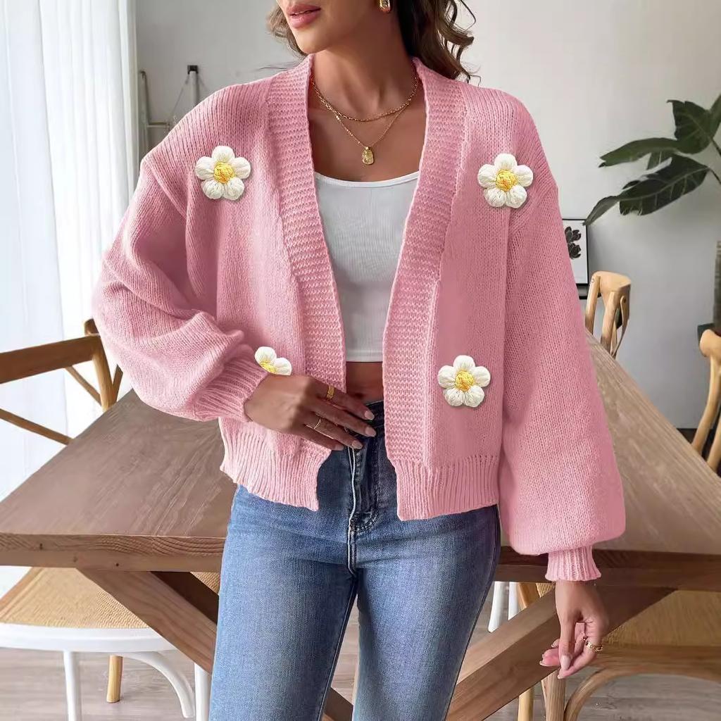 Dámský podzimní a zimní kardigan háčkovaný květinový patchwork pletený svetr s dlouhým rukávem