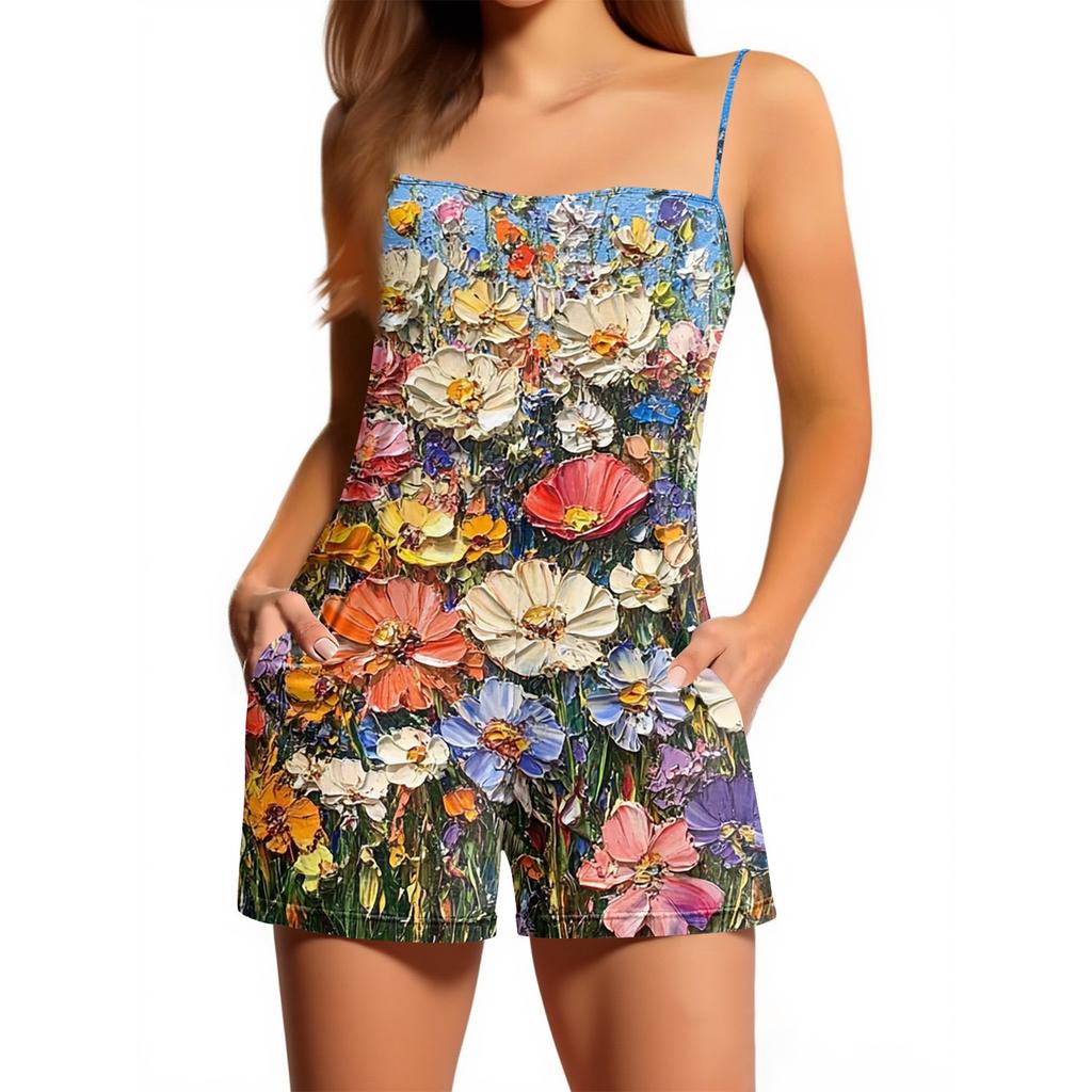Women's Casual Fashion Floral Print Sleeveless Suspenders With Pockets Jumpsuit Shorts