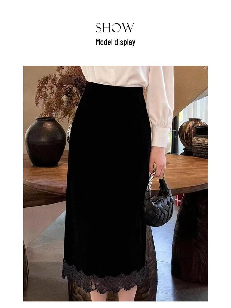 Rongtai Women's Textured Velour Embroidered Lace Hem Bodycon A-line Skirt 2026.