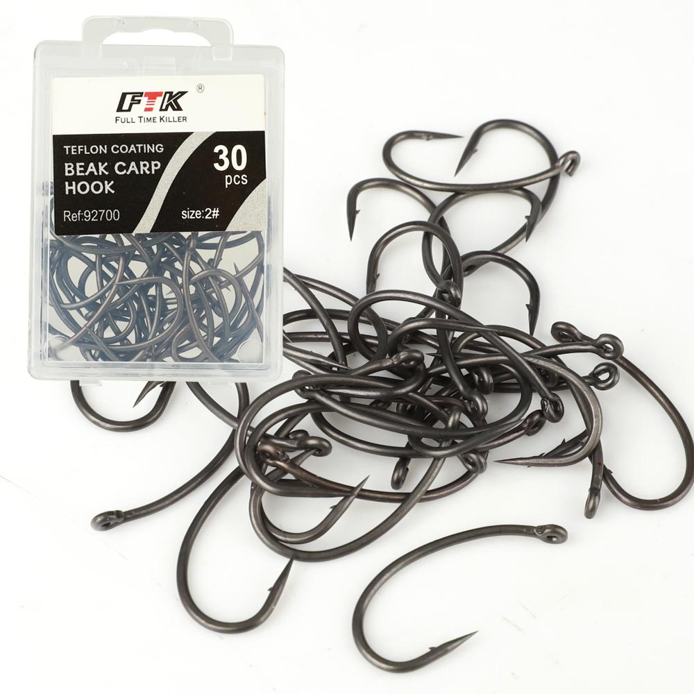 FTK 30 Stück Widerhaken Karpfen Grob Geöster Angelhaken, Erhältlich in Teflonbeschichtet Gebogenem Schenkelhaken und Weitmaulhaken Größe 2, 4, 6, 8
