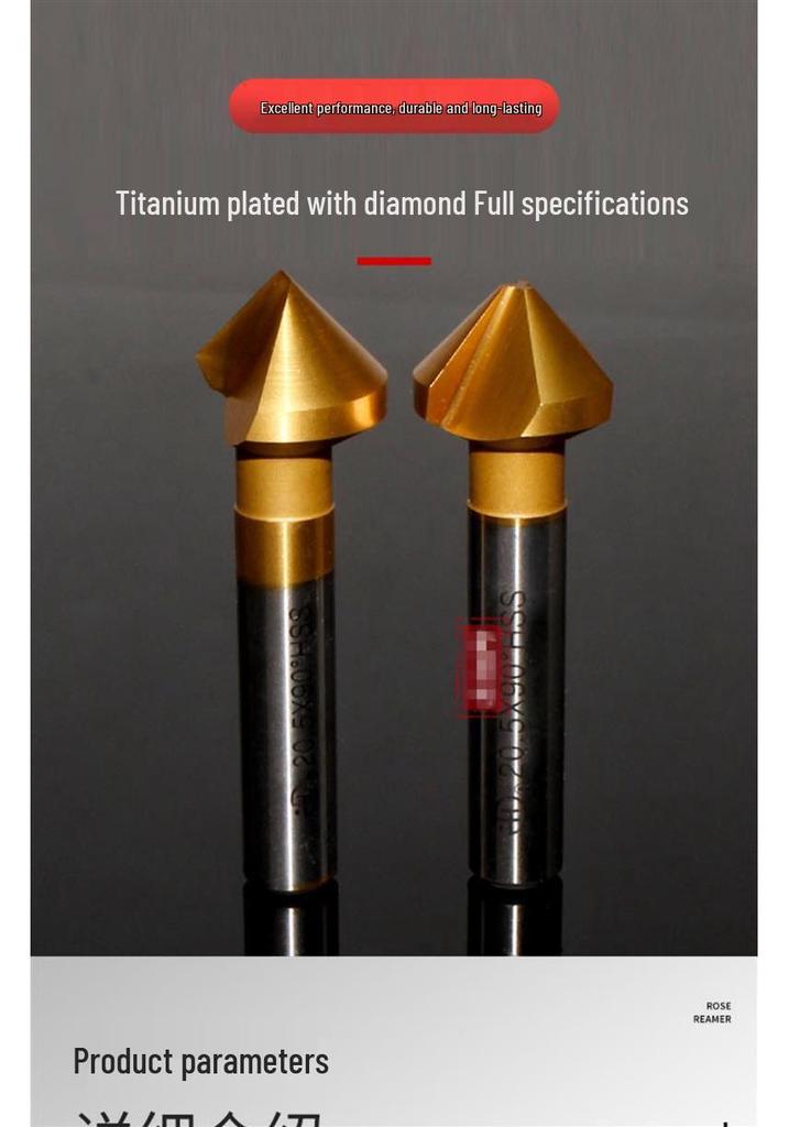 90° Titanium-Coated Chamfering Tool, Single/Three-Flute, 45° Countersink and Deburrer for Stainless Steel.