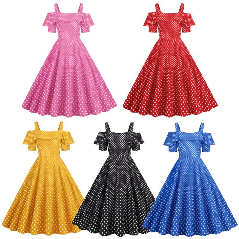 Women's Clothing Source Hepburn Suspender Ruffle Edge Short Sleeve Big Pendulum Polka Dot S S Retro Dress