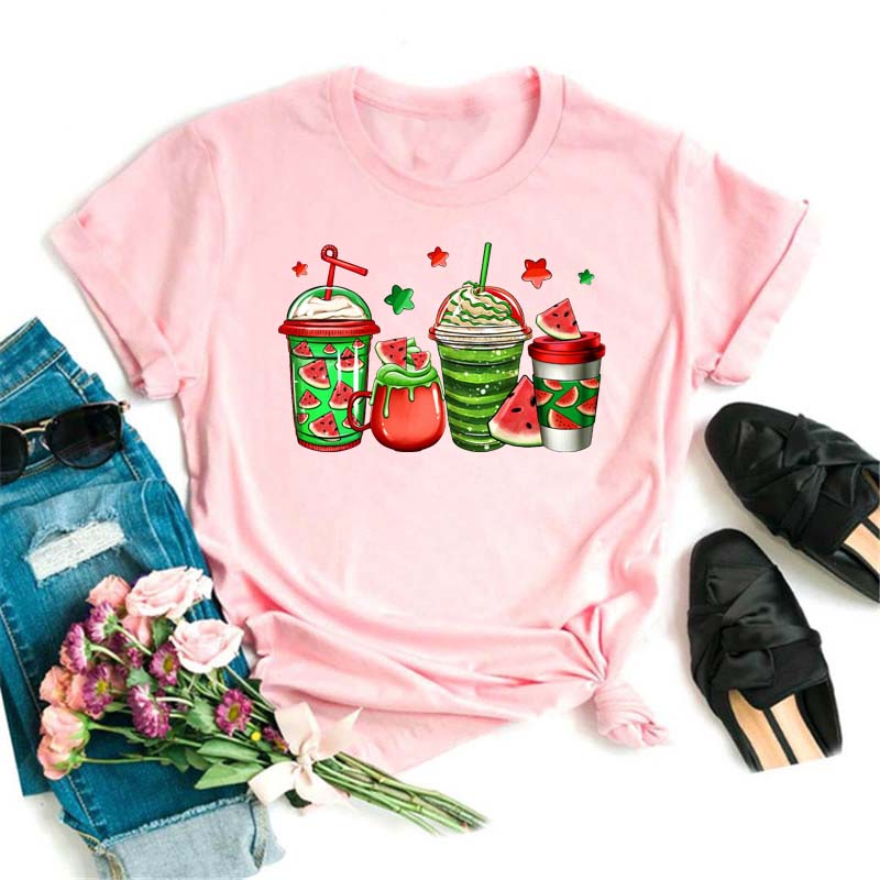 Maycaur Fashion Watermelon Coffee Printed Women T-shirts 90s Trend Cute Short Sleeve Women Female Graphic Tee Streetwear Clothes