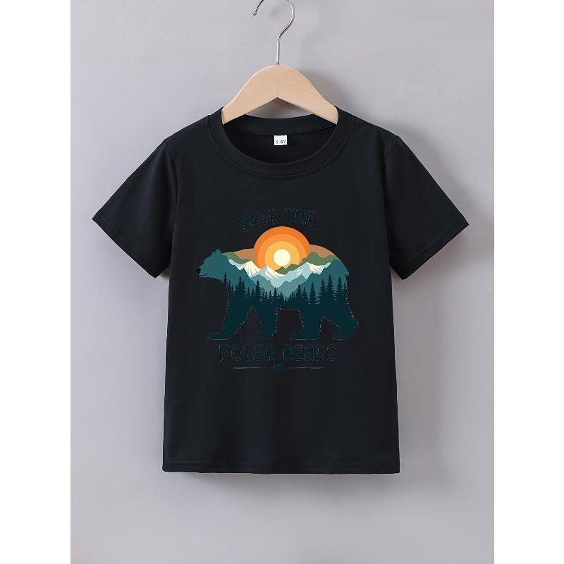

European sizes Boys Summer Comfortable Round Neck Short-Sleeved Brown Bear Creative Pattern Print Casual T-Shirt 164cm чорний
