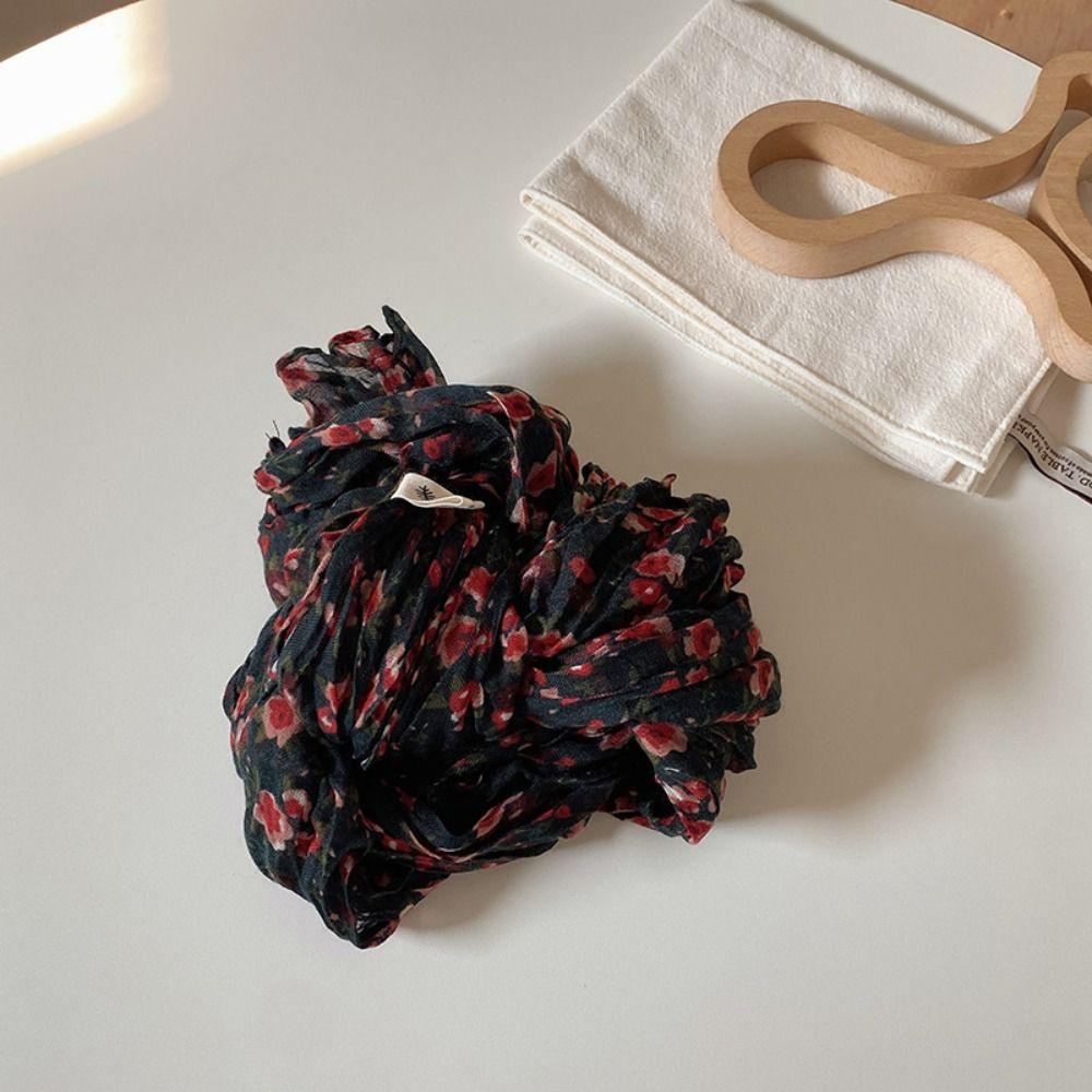 Keep Warm Pleated Printed Scarf Vintage Shawl Wrap Floral Cotton Linen Scarf